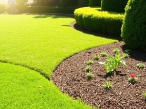 Professional landscape maintenance services in Houston showing a well-maintained lawn with trimmed hedges and mulched flower beds