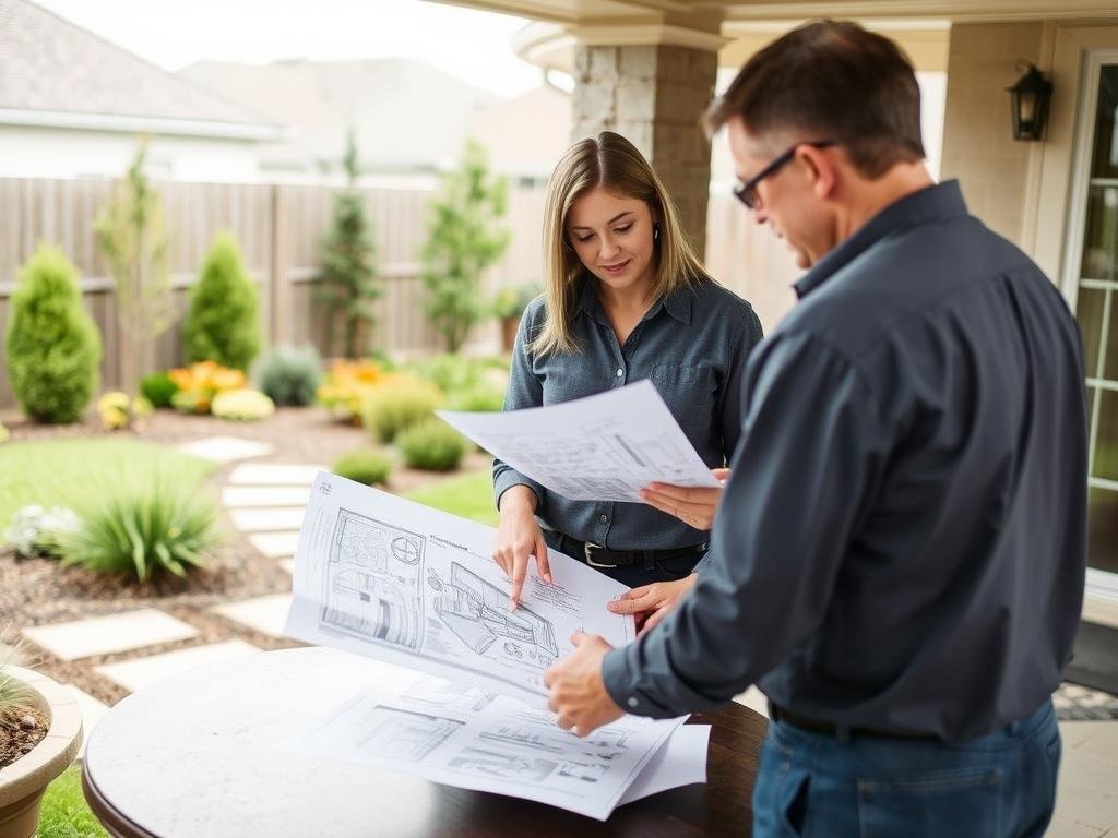 Landscape design services in League City Texas showing a professional designer working with a homeowner Landscape design services in League City Texas showing a professional designer working with a homeowner