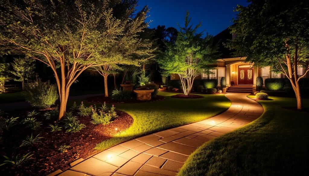 Beautifully illuminated landscape with pathway lights in Friendswood 77549