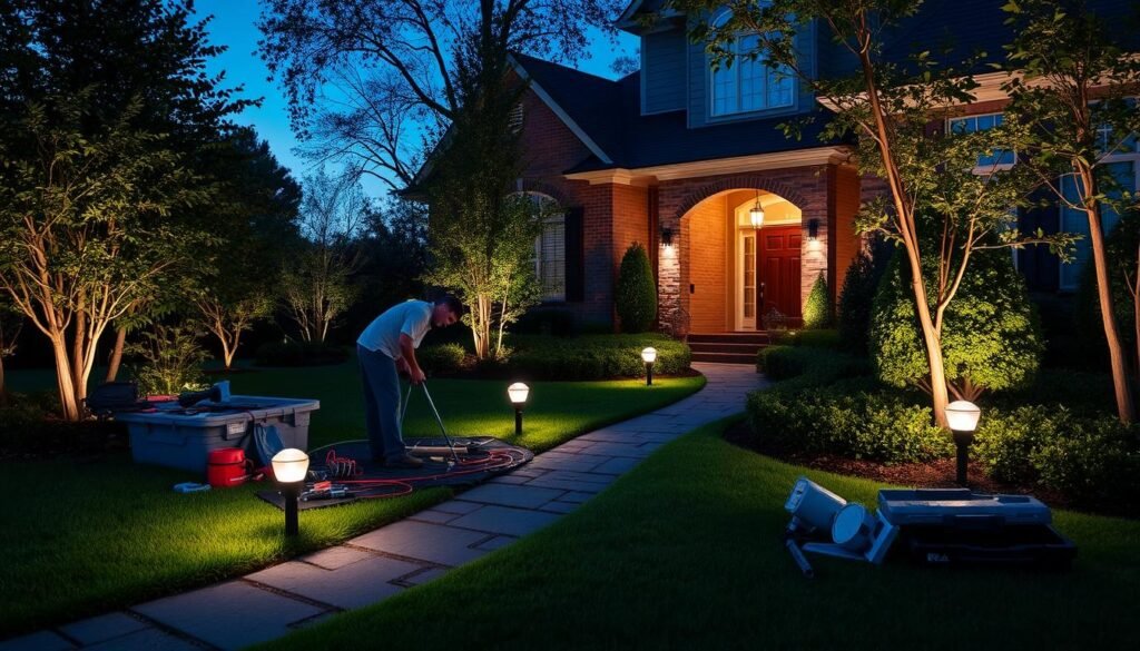 Professional landscape lighting installation in progress in Friendswood Professional landscape lighting installation in progress in Friendswood