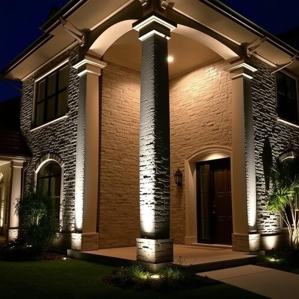 Architectural lighting in Houston 77058 highlighting home features Architectural lighting in Houston 77058 highlighting home features