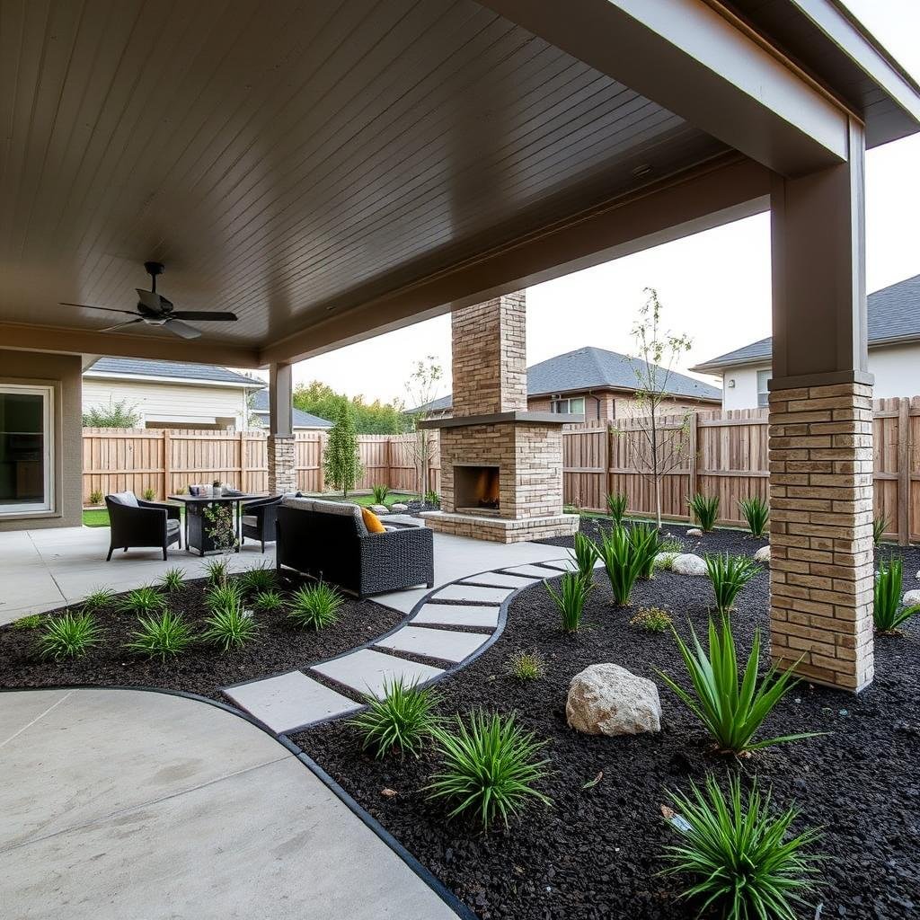 Contemporary garden landscaping design in Pearland 77581 with outdoor seating Contemporary garden landscaping design in Pearland 77581 with outdoor seating