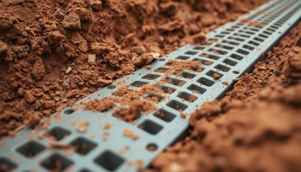 French drain being installed in Houston's clay soil conditions French drain being installed in Houston's clay soil conditions