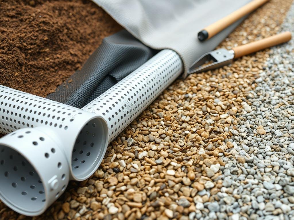 French drain materials including perforated pipe, landscape fabric and gravel French drain materials including perforated pipe, landscape fabric and gravel