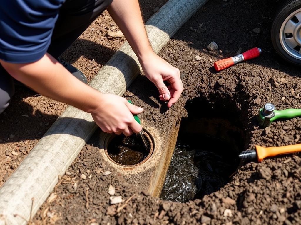 Maintenance of a French drain system showing cleaning process Maintenance of a French drain system showing cleaning process