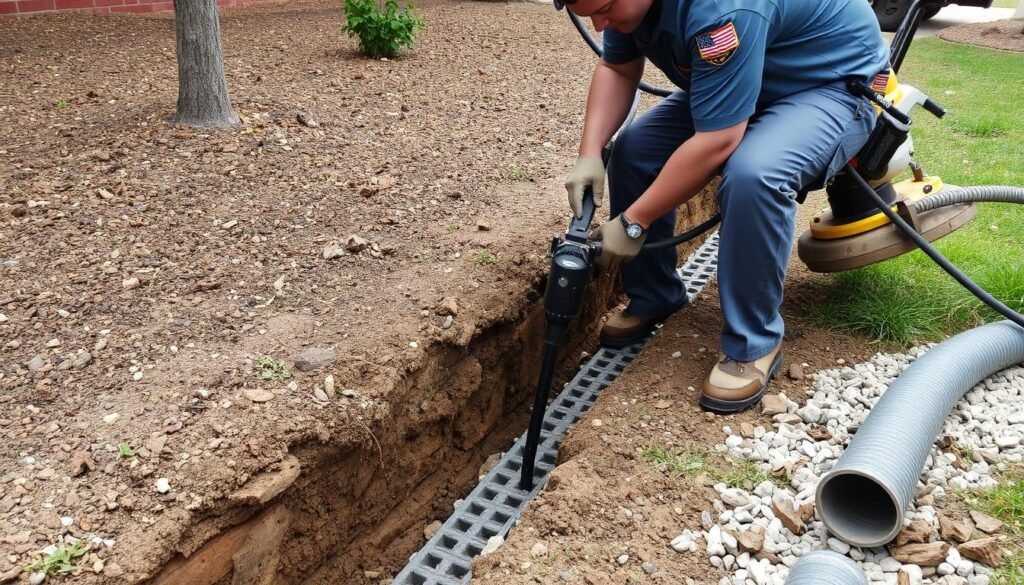 Professional landscaper installing a French drain system in a Houston yard Professional landscaper installing a French drain system in a Houston yard