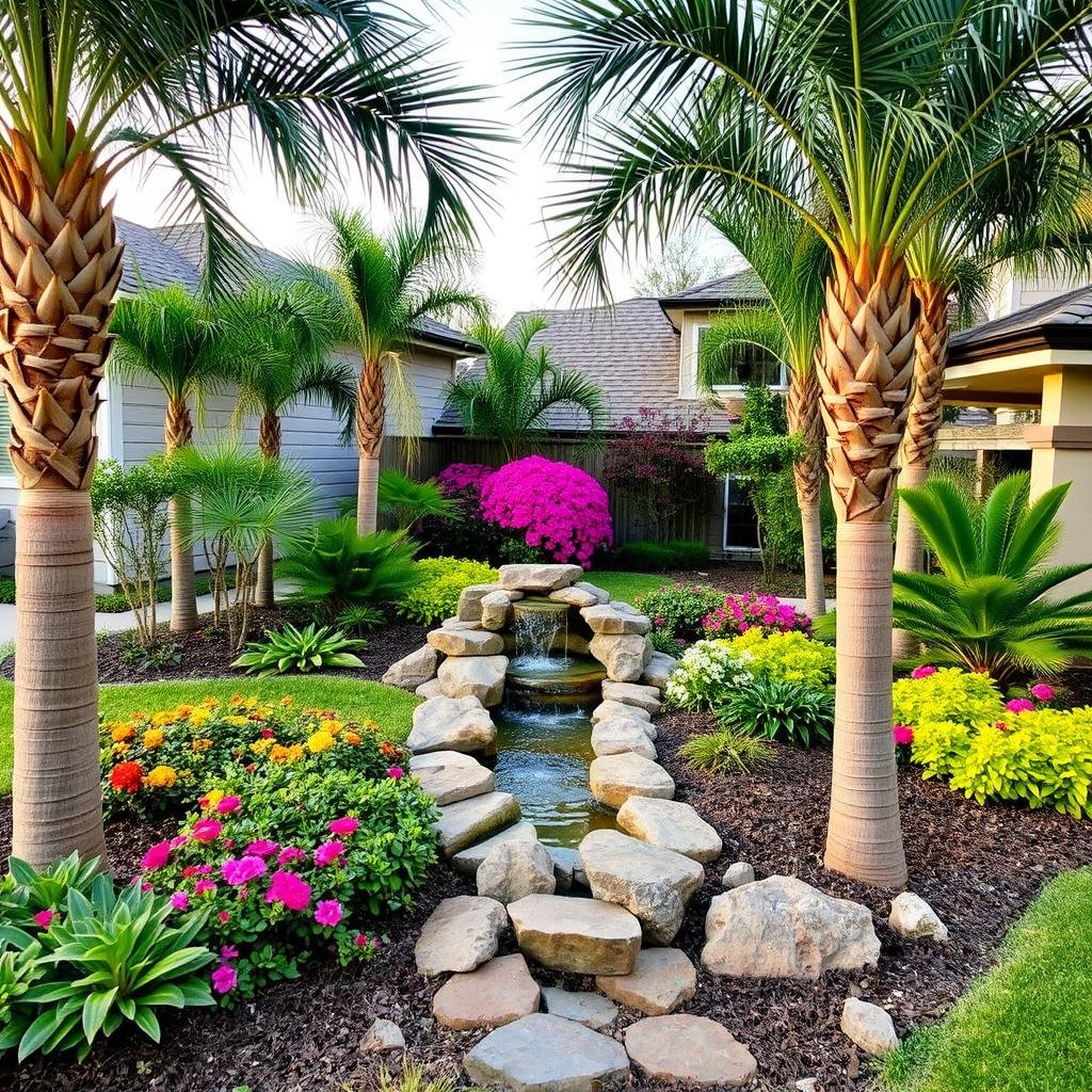 Tropical garden landscaping design in Pearland 77581 with palm trees Tropical garden landscaping design in Pearland 77581 with palm trees